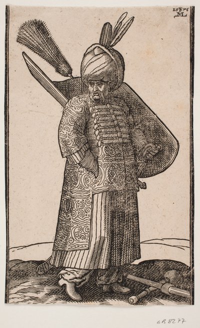 Vastag hasú katona áll, r.-kézzel zsebben, arccal r.-vel; két toll a turbánban; v. oldalkarddal, v. karpajzson tollbokrossal; előtte a földön hadiütő és lándzsa a kereszt felett alkotó: Melchior Lorck