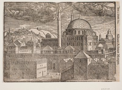 Azonosítatlan mecset 2 minarettel, délkelet felől nézve; tévé. hegy megerősített várossal alkotó: Melchior Lorck