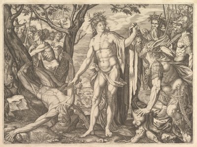 Apollo és Marsyas és Midas ítélete: jobbra Midas szamárfülekkel, 1581. alkotó: Melchior Meier
