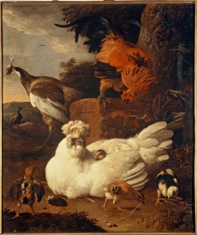 M. de Hondecoeter, anyatyúk fiókákkal alkotó: Melchior de Hondecoeter