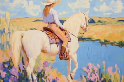 Cowgirl fehér lovon alkotó: Melloi Art Prints
