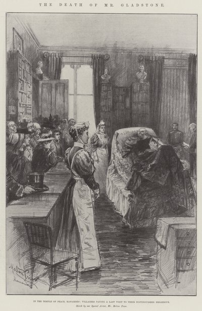 Gladstone úr halála a Hawarden-i Béke Templomában, a falusiak utolsó látogatása során kitüntetett szomszédjuknál alkotó: Melton Prior