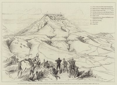 A transzvaali háború, a majuba-hegyi csata vázlatterve, a Mount Prospect tábor feletti dombról nézve alkotó: Melton Prior