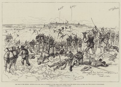 A Soudan-i háború, El Teb-i csata, február 29., Gordon Highlanders, két Krupp ágyúval felfegyverzett első erőd megtámadása. alkotó: Melton Prior
