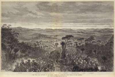 A zulu háború, a brit csapatok előrenyomulása Ulundinál, a király Kraal a távolban alkotó: Melton Prior
