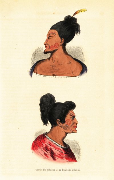 Arctetoválású maori férfiak mellszobra vagy új-zélandi Ta moko alkotó: Mercier Mercier