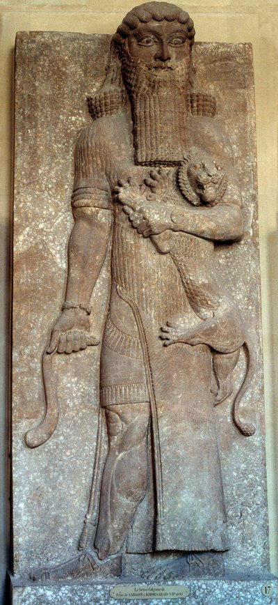 Mezopotámia: „” Oroszlánt mesterkedő Sargon szobra””” – mondta: „” Gilgames”” Udvar Khorsabad (Khunsabad) 8. század. Párizs, Louvre Múzeum alkotó: Mesopotamian Mesopotamian