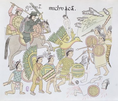 Michoacan-i csata spanyolok és aztékok között, illusztráció egy mexikói indián képtörténet fakszimiléjéből, Lienzo de Tlaxcala 1550 körül, 1892 alkotó: Mexican School