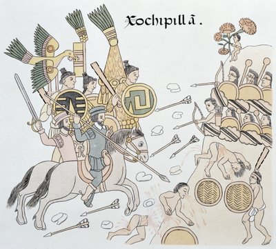 Xochipilla-i csata a spanyolok és az aztékok között, illusztráció egy mexikói indián képtörténet fakszimiléjéből, Lienzo de Tlaxcala 1550 körül, 1892 alkotó: Mexican School