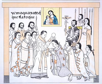 Caciques áldozást fogad egy paptól Hernando Cortes (1485-1547) házában, illusztráció egy mexikói indián képtörténet fakszimiléjéből, Lienzo de Tlaxcala 1550 körül, 1892 (szín világít) alkotó: Mexican School