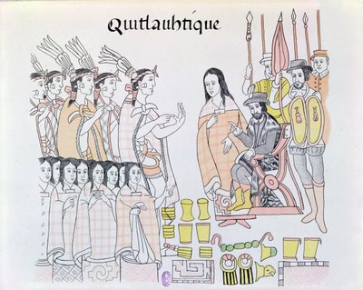 La Malinche (Dona Marina) tolmácsként tevékenykedik Montezuma (1466-1520) nők és arany bemutatásakor Hernando Cortes (1485-1547) illusztrációja során egy mexikói indián kép fakszimiléjéről alkotó: Mexican School