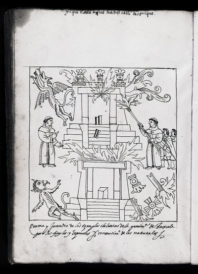 MS Hunter 242 f.240v The Burning of the Temples, Tlaxcala, illusztráció Diego Munoz Camargo 