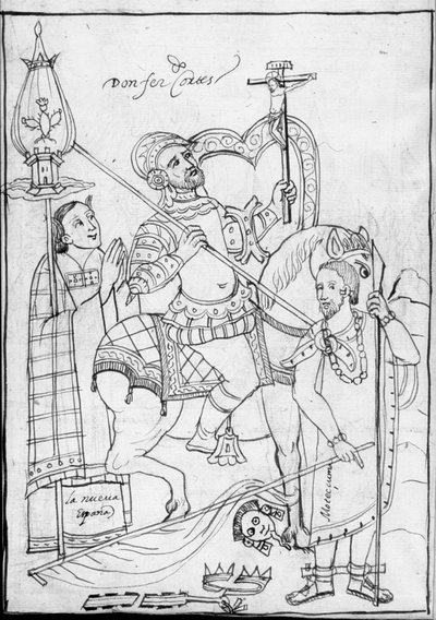 MS Hunter 242 f.246v, Cortes lóháton, a legyőzött Moctezuma azték király felett áll, Diego Munoz Camargo illusztrációja a Historia de Tlaxcala-ból alkotó: Mexican School