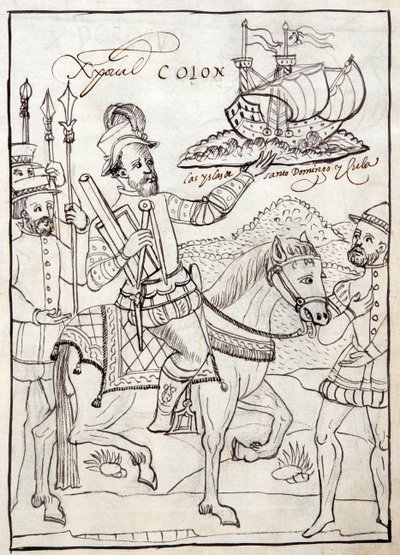 MS Hunter 242 f.247r Christopher Columbus, illusztráció a Historia de Tlaxcalából, Diego Munoz Camargo alkotó: Mexican School