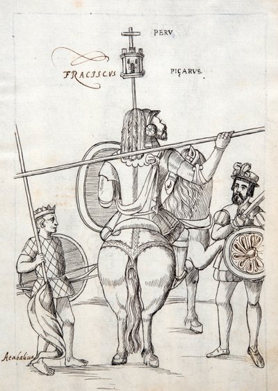 MS Hunter 242 f.248r Picarus vagy Pizarro és harci ló, illusztráció a Historia de Tlaxcala című művéből, Diego Munoz Camargo alkotó: Mexican School