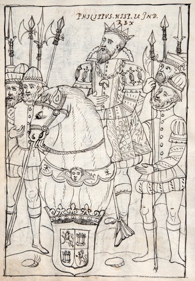 MS Hunter 242 f.249v Philip II lóháton ülve, aranygyapjú rendet visel, fegyveresekkel körülvéve, Diego Munoz Camargo illusztrációja a Historia de Tlaxcala című művéből (toll és tinta alkotó: Mexican School
