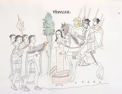 Hernando Cortes (1485-1547) és az aztékok találkozása, illusztráció egy mexikói indián képtörténet fakszimiléjéből, Lienzo de Tlaxcala 1550 körül, 1892 alkotó: Mexican School