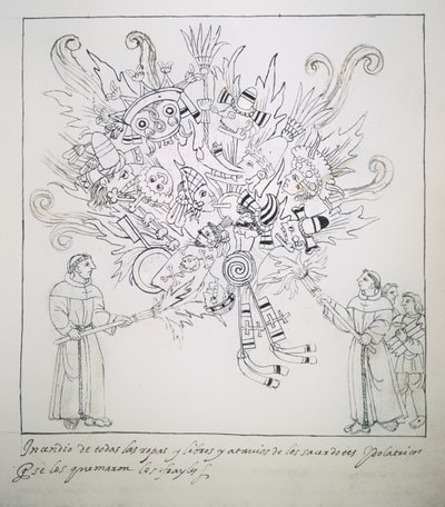 Ms Hunter 242 f.242r Hagyományos könyveket és ruhákat égető ferences szerzetesek, Diego Munoz Camargo Historia de Tlaxcala-ból alkotó: Mexican School