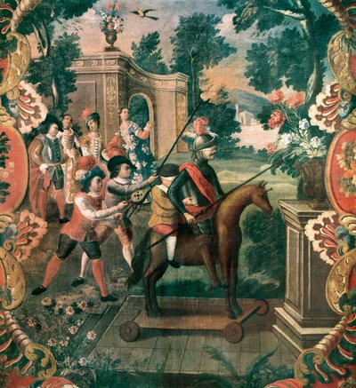 Jelenet Miguel de Cervantes Saavedra (1547-1616) „A csatorna Don Quijotéjából” (A La Mancha zseniális úriembere, Don Quijote) alkotó: Mexican School