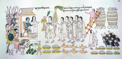 A tlaxcalai törzsfőnök, Maxixcatzin egy csokor rózsát és egyéb ajándékokat ad át Hernando Cortesnek (1485-1547) üdvözlés jeléül, illusztrációként egy mexikói indián képtörténet fakszimiléjéből. alkotó: Mexican School
