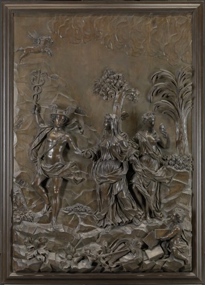The Stowe Reliefs: Mercury tragikus és komikus költészetet vezényelt a Parnasszuszi dombhoz, 1740 körül (bronzozott hársfa) alkotó: Michael (attr.to) Chuke