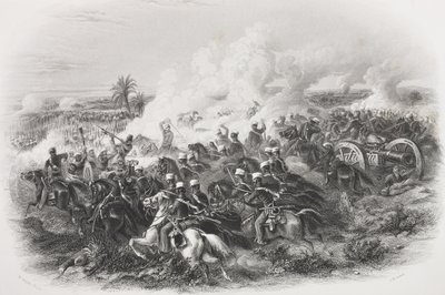 A Moodkee-i csata, 1845, metszet: C.H. Jeens, a "Gallery of Historical Portraits"-ból, megjelent 1880 körül alkotó: Michael Angelo Hayes
