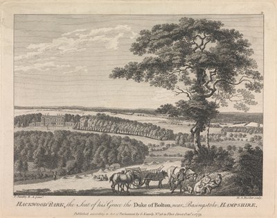 Hackwood Park, az ő kegyelme, Bolton hercegének székhelye Basingstoke közelében, Hampshire (kiadó: G. Kearsly); 19. oldal (második kötet) alkotó: Michael Angelo Rooker