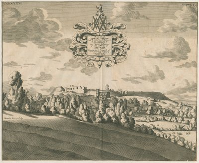 Tutbury kastély – Távoli kilátás: rézmetszet, nd [c 1686] alkotó: Michael Burghers