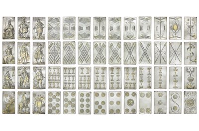 Rendkívül ritka, 52 játékkártya-készlet, négy olasz öltönybe gravírozva, Augsburg alkotó: Michael Froemmer