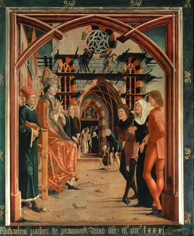 Szent Wolfgang meggyógyítja az eléje vitt megszállott nőt. alkotó: Michael Pacher