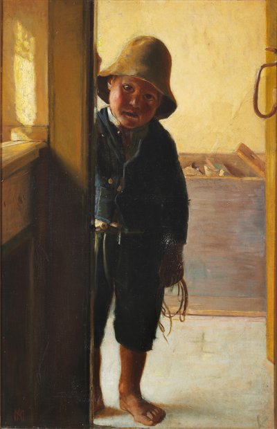 Egy halász fia néz be egy ajtón. alkotó: Michael Peter Ancher