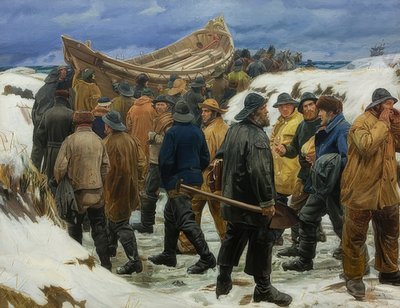 A mentőcsónakot a dűnéken hajtják át. 1883 alkotó: Michael Peter Ancher