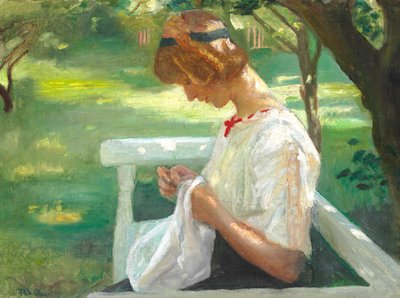 Ella Saxild egy nyári napon a kertben varr. alkotó: Michael Peter Ancher