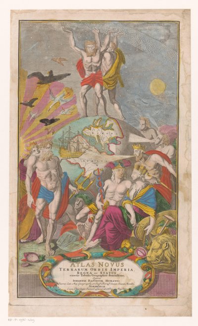 Atlas en Hercules dragen sternerhemel Címlap: Johann Baptista Homann, Atlas Novus Terrarum Orbis Imperia, Regna et Status Exacte Tabulis Geographicè Demonstrants, 1729 alkotó: Michael Rössler