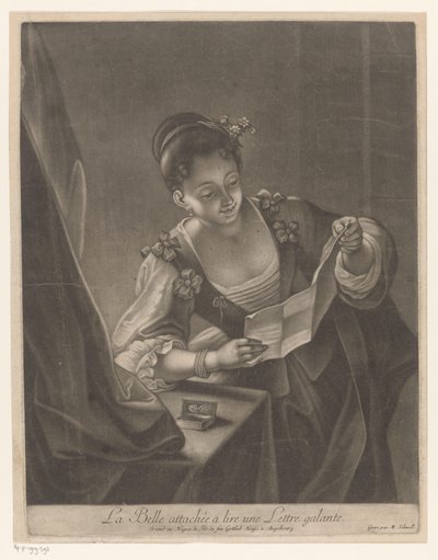 Brieflezende jonge vrouw La Belle csatolva egy Galante-levél felolvasásához (cím a tárgyon) alkotó: Michael Schnell