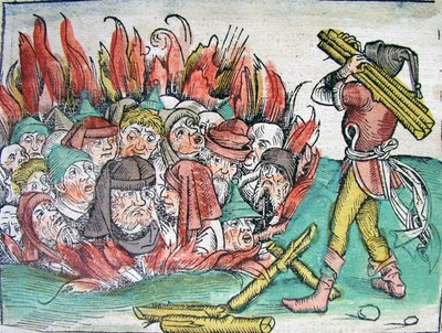 A zsidók égetése Deggendorfban 1338-ban a Schedels Világkrónikájából, 1493. alkotó: Michael Wolgemut