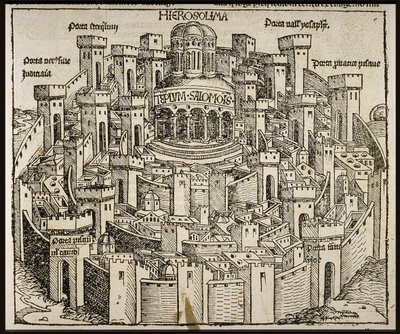 Jeruzsálem a Schedels Chronicle of the World-ből, 1493 körül. alkotó: Michael Wolgemut