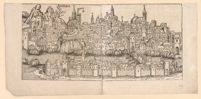 Nürnbergi krónika: Bázel topográfiai képe, Svájc, 1493. alkotó: Michael Wolgemut
