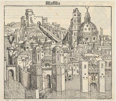Phantasieansicht der Stadt Marseille [recto], drei Porträts (Phereades, Pythagoras und Sappho) [verso] alkotó: Michael Wolgemut
