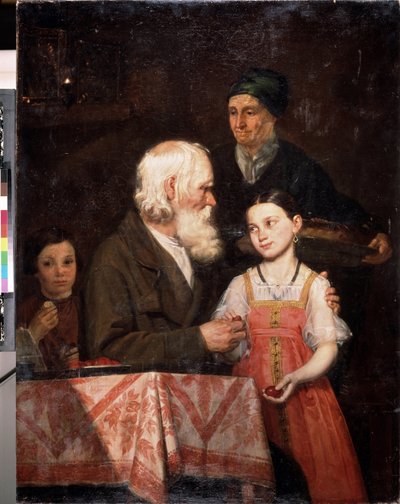 Húsvéti. Egy idős férfi pirosra festett tojást ad az unokájának, a nagymama hagyományos húsvéti brióst hoz. Michail Andreevich Mokhov (1819-1903) festménye, olaj, vászon alkotó: Michail Andreevich Mokhov