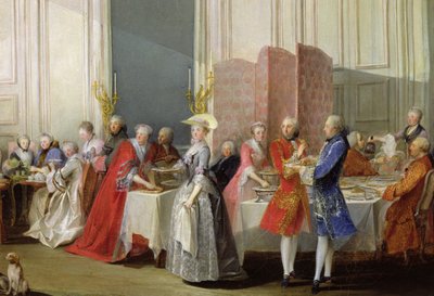 Angol tea a Salon des Quatre Glacesben a Conti herceg házában (1717-76) Palais du Temple, részlet a vendégekről, 1766 alkotó: Michel Barthelemy Ollivier or Olivier