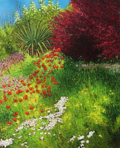 virágos bank (olajfestmény) alkotó: Michel Bultet