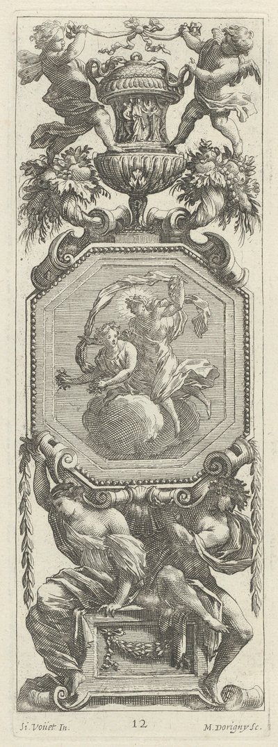 Dísztábla két puttival és egy vázával alkotó: Michel Dorigny, after Simon Vouet