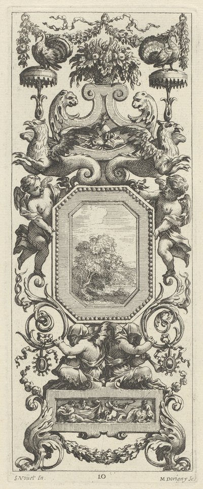 Dísztábla virágkosárral és füzérrel alkotó: Michel Dorigny, after Simon Vouet