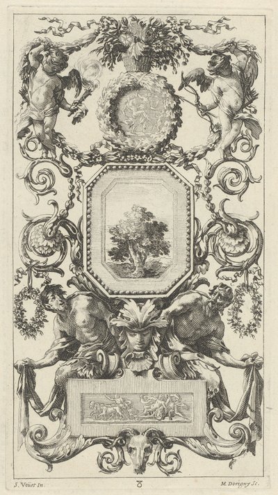 Díszítő tábla virágkosárral, Ámorral és Szűzhártyával alkotó: Michel Dorigny, after Simon Vouet