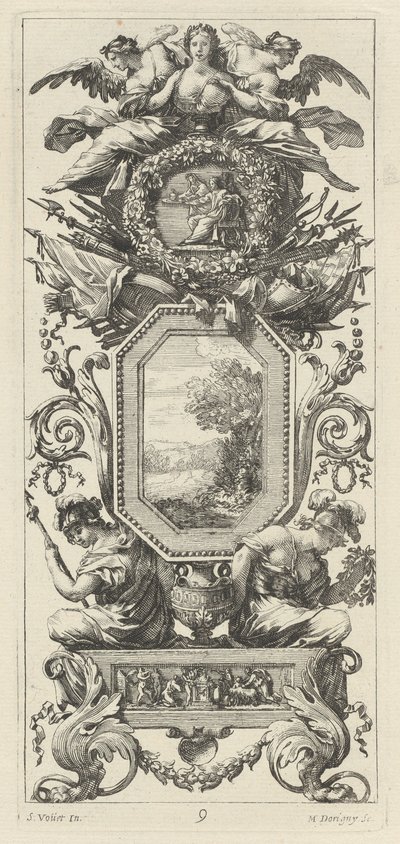 Dísztábla felül egy nő mellszobra két figurával alkotó: Michel Dorigny, after Simon Vouet