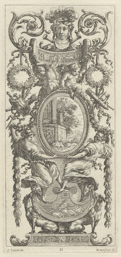 Dísztábla felül lombozattal körülvett fejjel alkotó: Michel Dorigny, after Simon Vouet