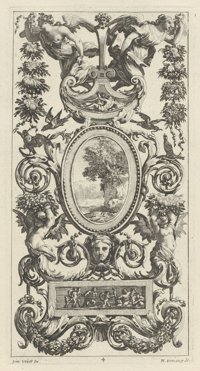 Dísztábla serpenyővel és két füzért viselő nővel alkotó: Michel Dorigny, after Simon Vouet