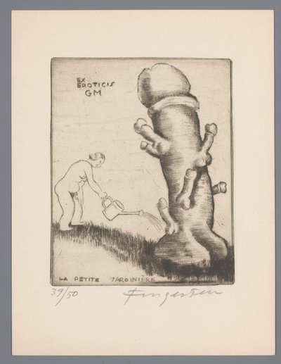 Gianni Mantero ex librise Ex eroticis GM (cím a tárgyon) La petite jardinière (cím a tárgyon) alkotó: Michel Fingesten (signed by artist)