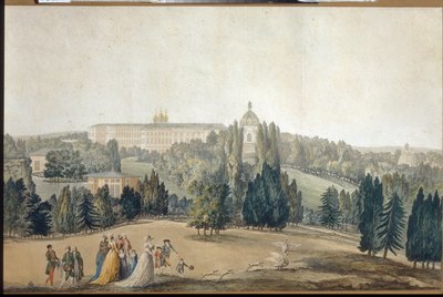 Kilátás a Tsarkoye Selo-ra (Szentpétervár). II. Katalin császárné (1729-1796) sétánya. (Csarkoye Selo látképe. II. Katalin császárné sétál). Michel Francois Damam Demartrait (1763-1827) alkotása, metszet és akvarell. francia művészet alkotó: Michel Francois Damam Demartrait